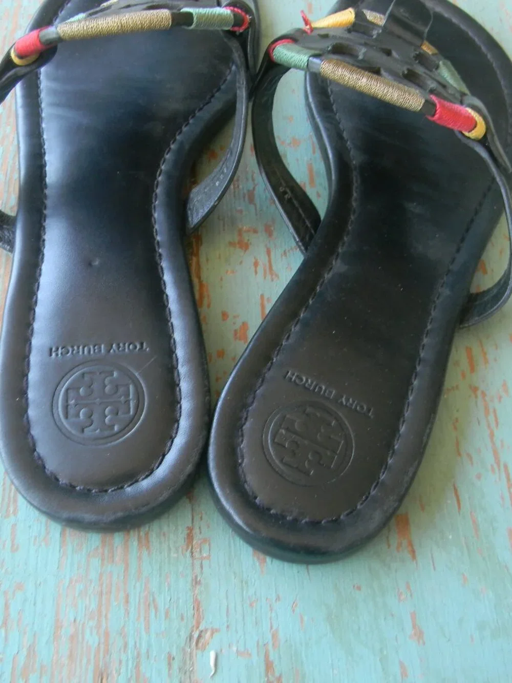 Tory Burch Embroidered Rainbow BLACK LEATHER Miller Sandals  Size 9M